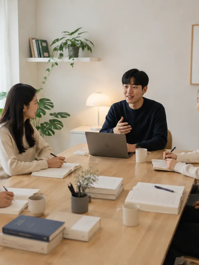 책을 펼쳐 두고 생각을 나누는 필립앤소피 독서 모임 멤버들